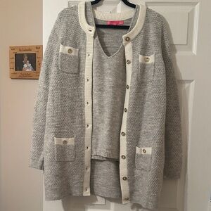 Lilly Pulitzer - Cozy Women's Gray Knit Cardigan & Tank Set - Cream Trim